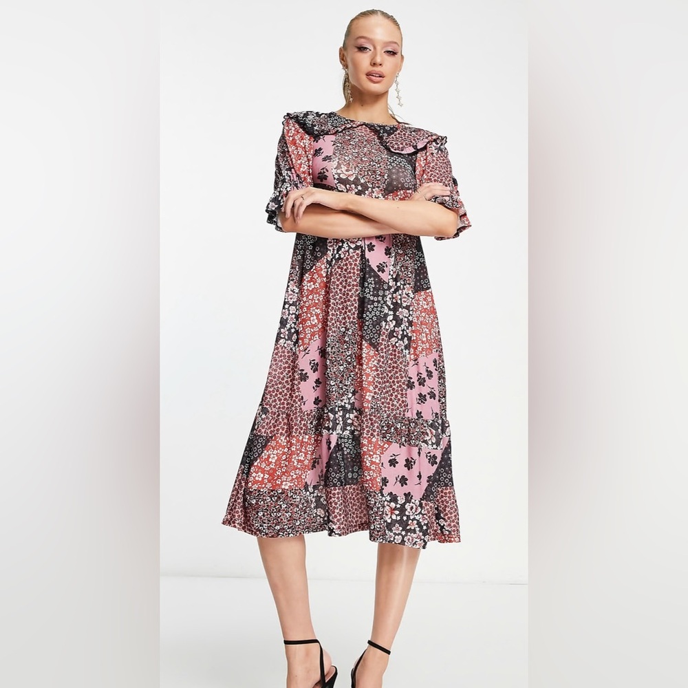 ASOS Miss Selfridge Floral Patchwork Smock Midid Dress Peter Pan Collar Size 2 - Picture 3 of 13